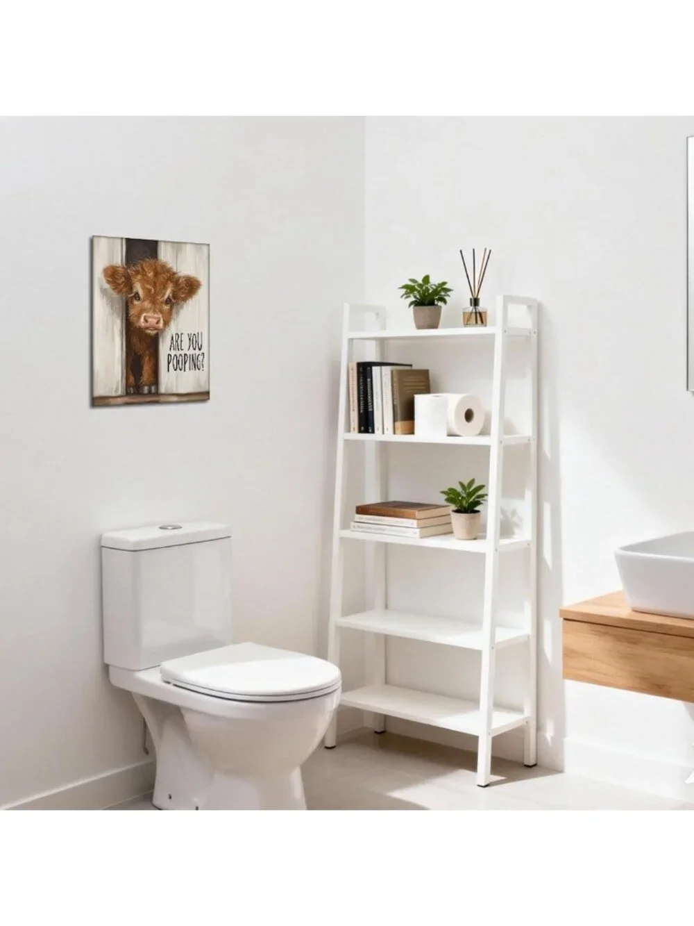 Funny Highland Cow Bathroom Decor | Humorous Canvas Wall Art for Restroom